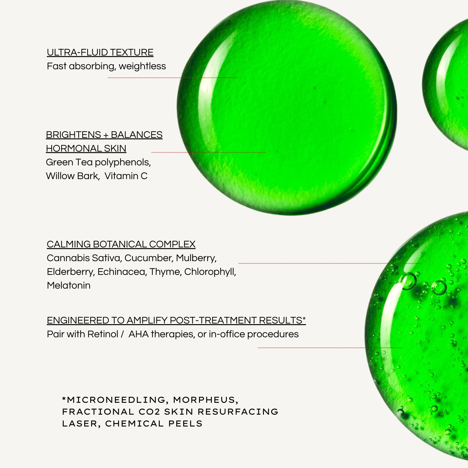 REBEL X Anti-Redness Phyto Serum infographic showing ultra-fluid green serum texture with vitamin C, green tea polyphenols, willow bark, and botanical complex for hormonal skin redness and post-treatment care