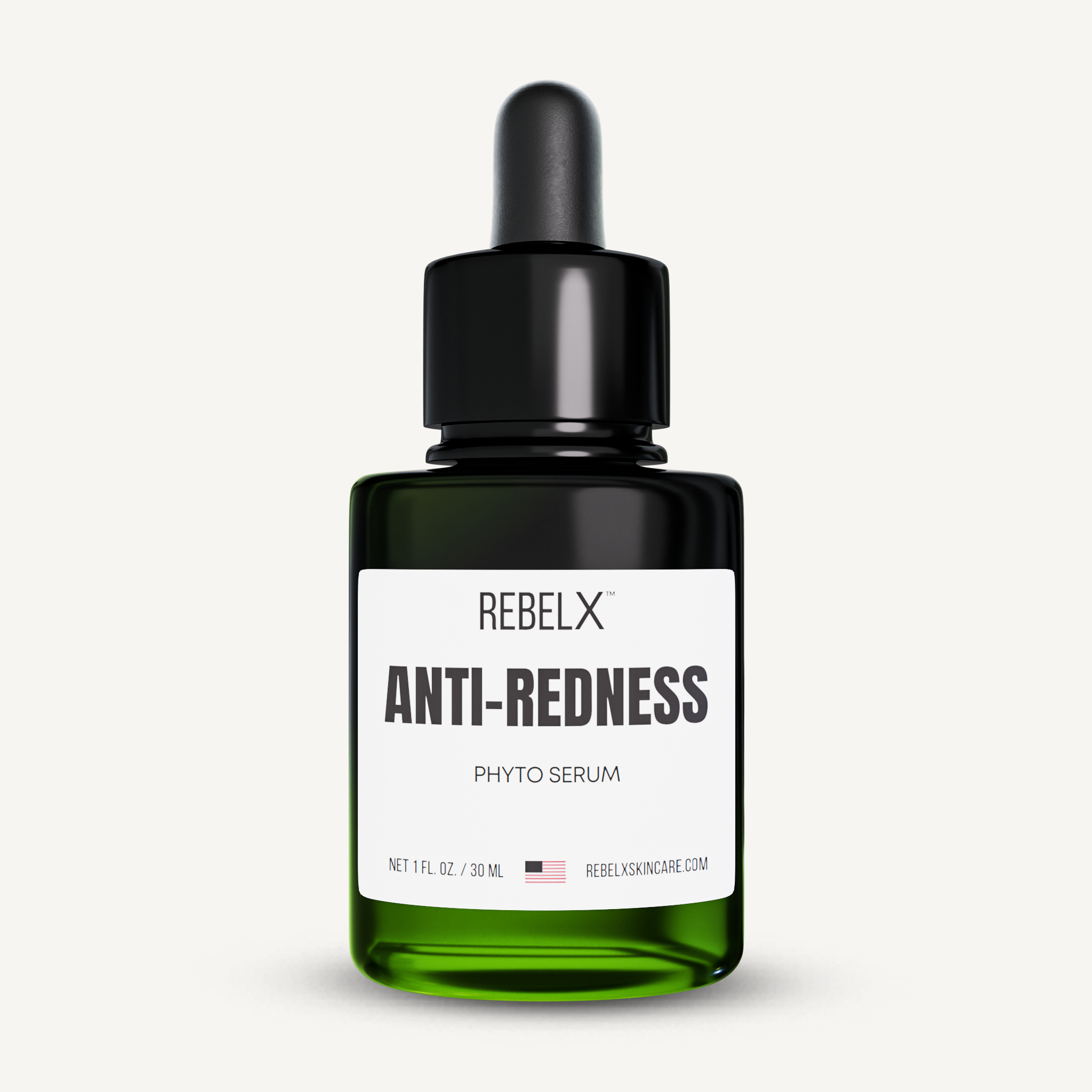 REBELX Anti-Redness Phyto Serum in green glass dropper bottle, 1 fl oz size