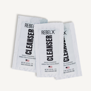 REBELX Cleanser sample packets with mildly foaming green tea and yucca root formula, 0.07 oz travel size sachets