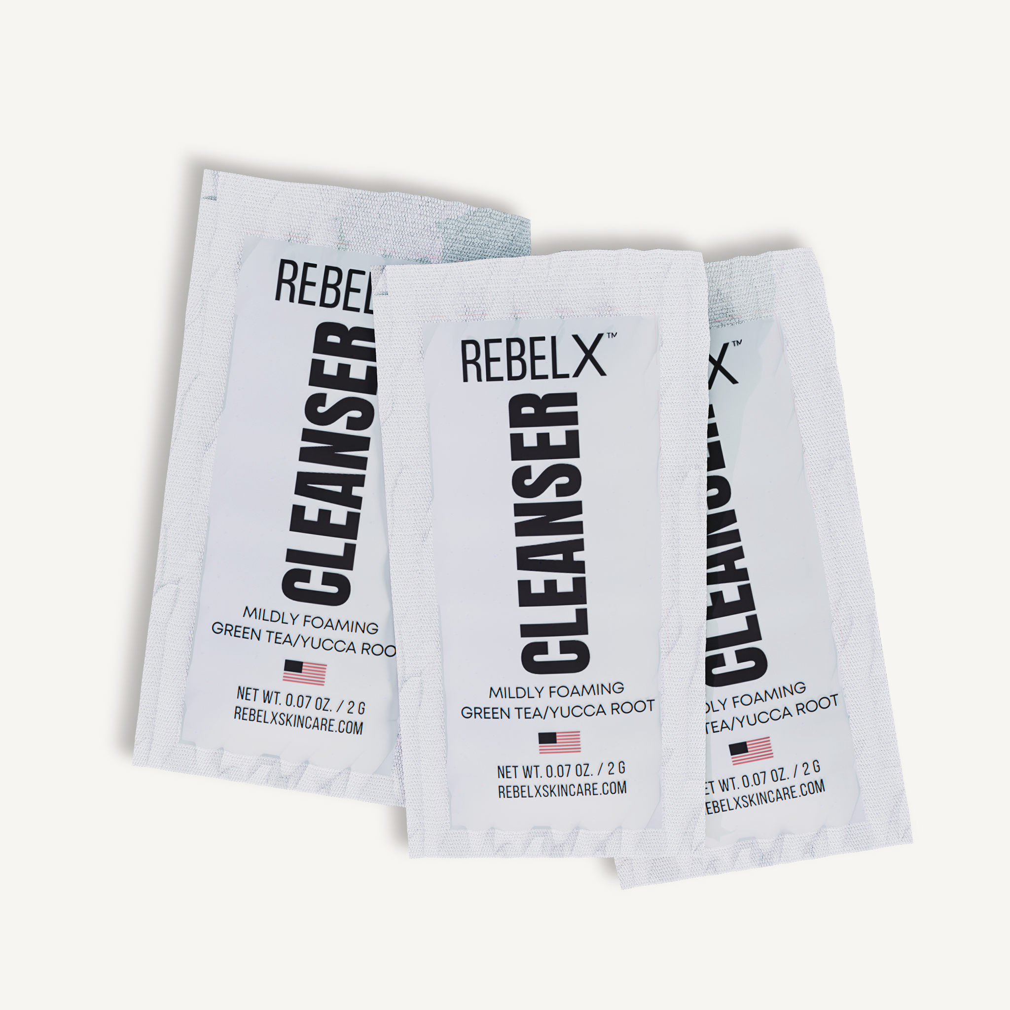 REBELX Cleanser sample packets with mildly foaming green tea and yucca root formula, 0.07 oz travel size sachets