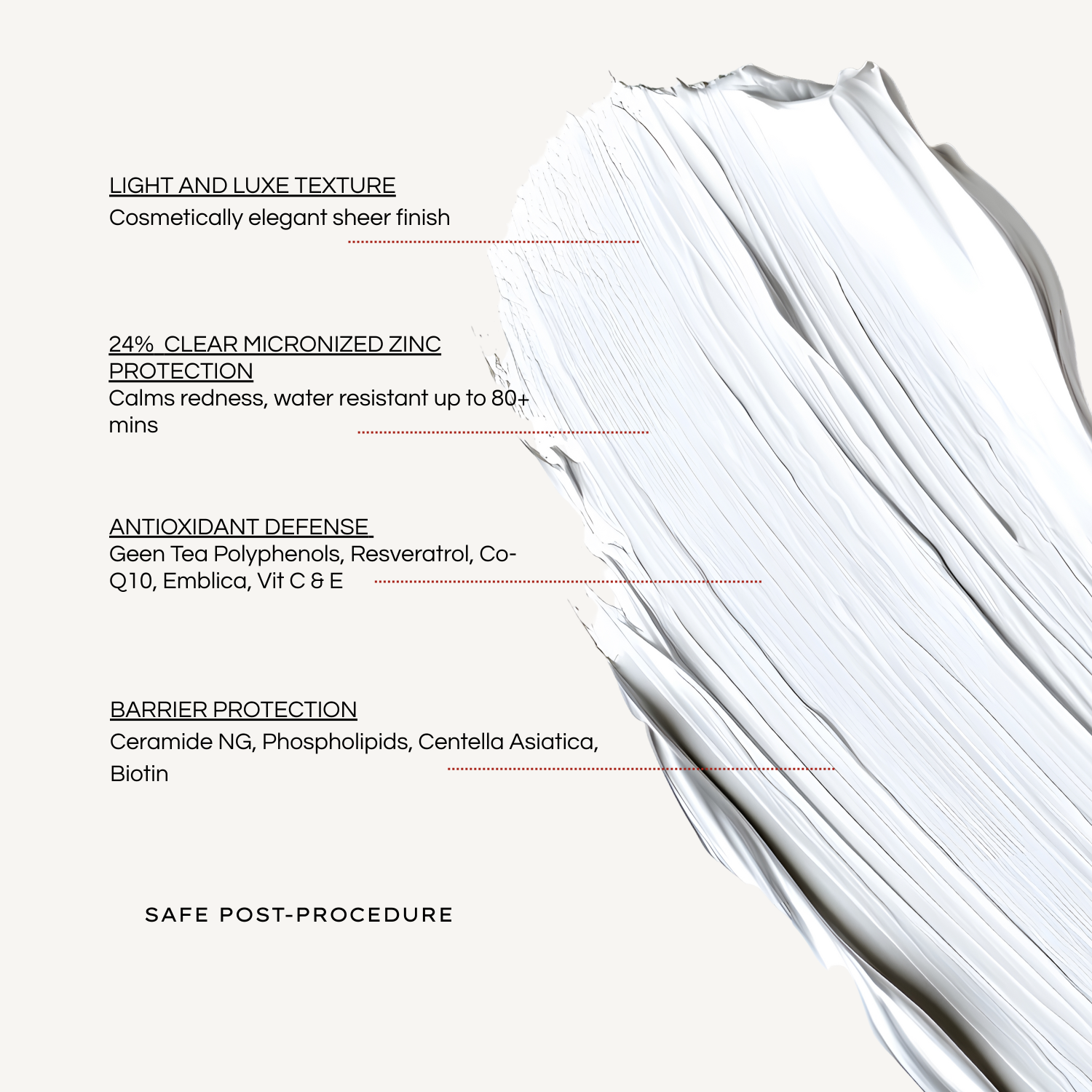 REBEL X clear SPF sunscreen infographic showing light luxe texture with 24% micronized zinc oxide, vitamin C, resveratrol, ceramides, and water-resistant protection for sensitive post-procedure skin
