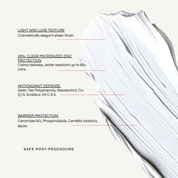 REBEL X clear SPF sunscreen infographic showing light luxe texture with 24% micronized zinc oxide, vitamin C, resveratrol, ceramides, and water-resistant protection for sensitive post-procedure skin