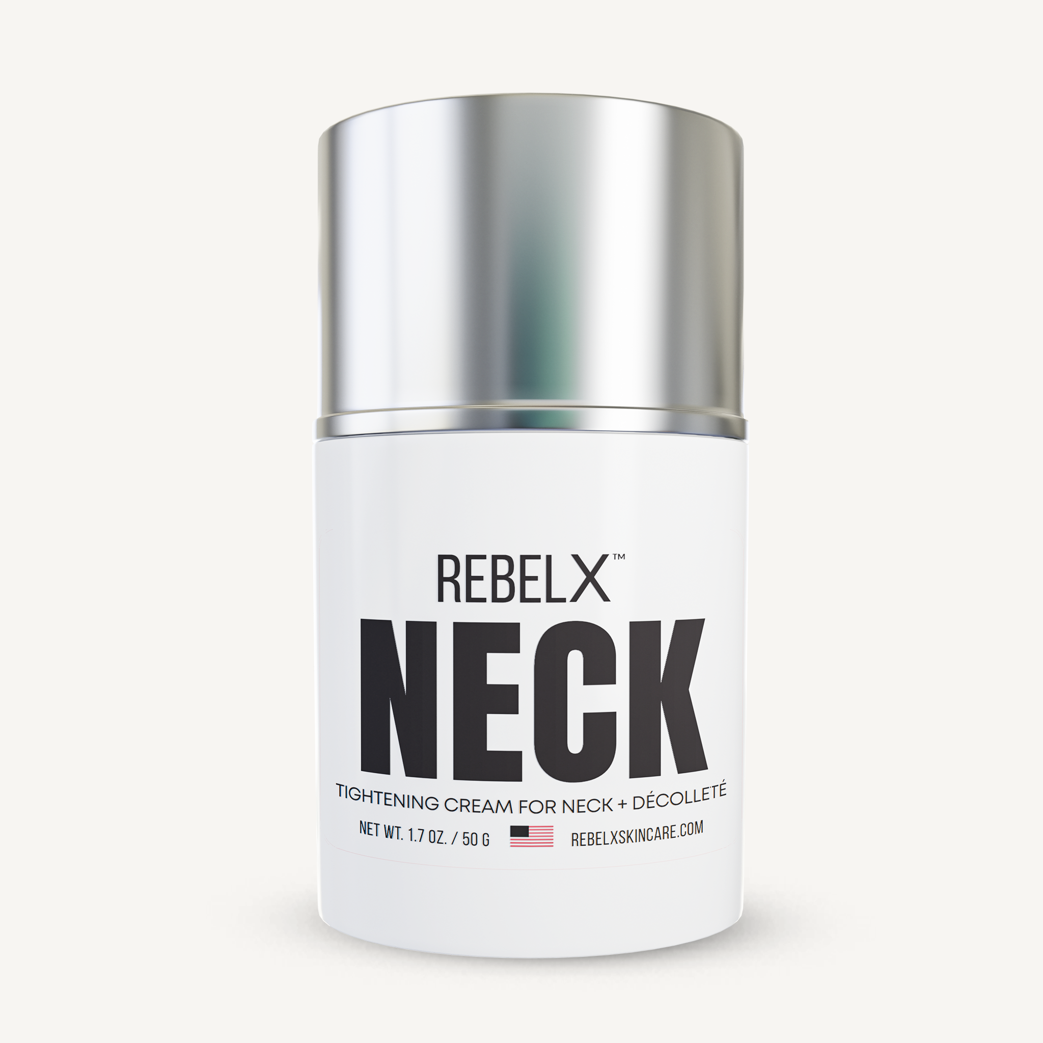REBELX Neck tightening cream for neck and décolleté in jar with silver lid, 1.7 oz size