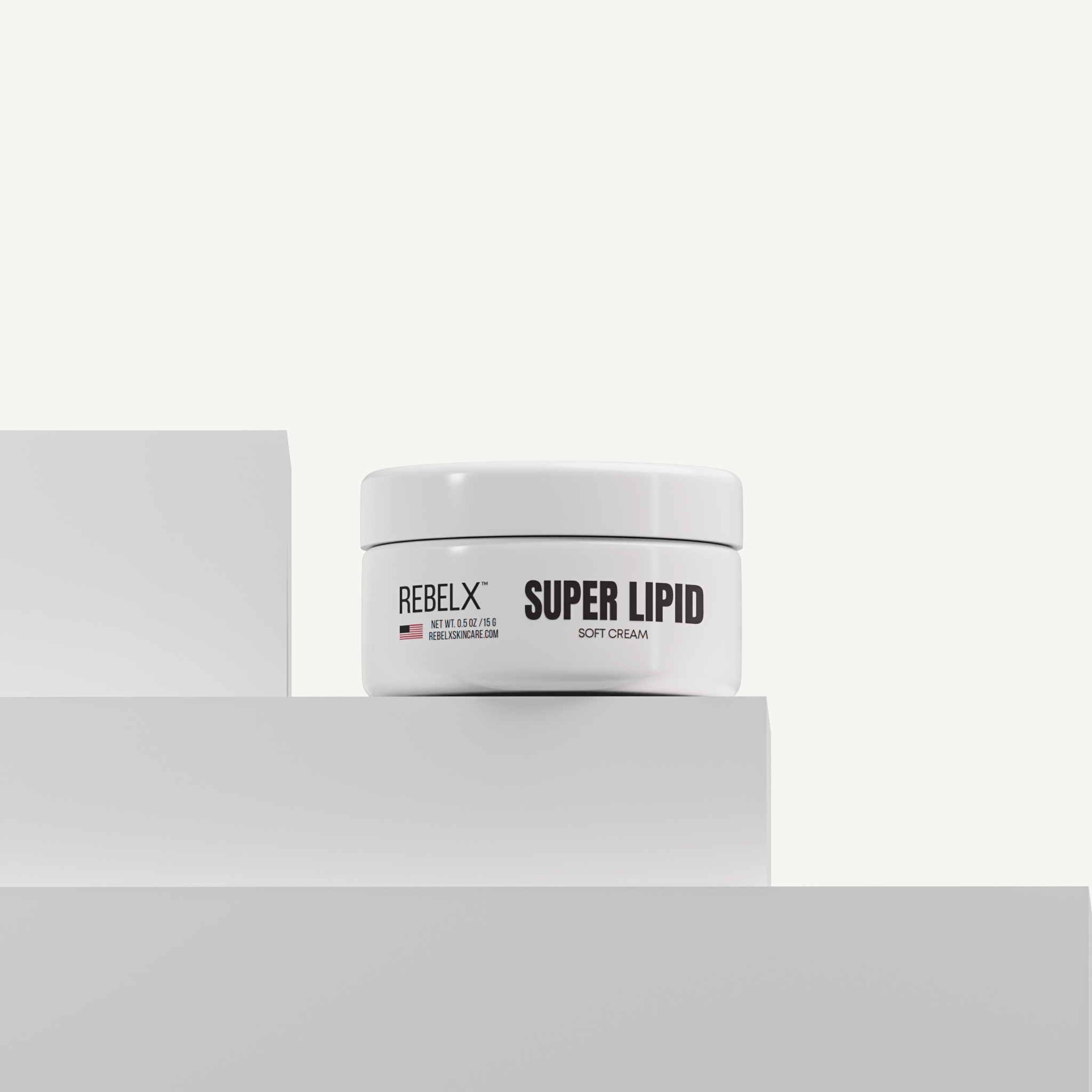 REBELX Super Lipid Soft Cream moisturizer jar with white lid, 0.5 oz size