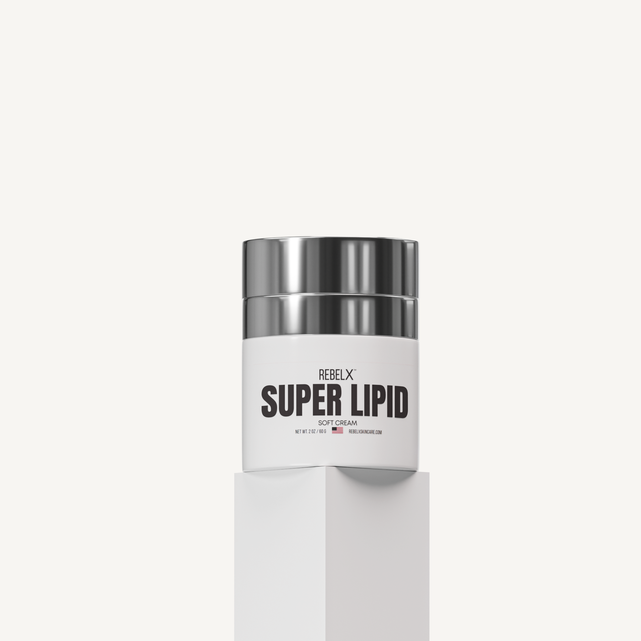 REBELX Super Lipid Soft Cream moisturizer jar with silver lid in geometric background, 2 oz size