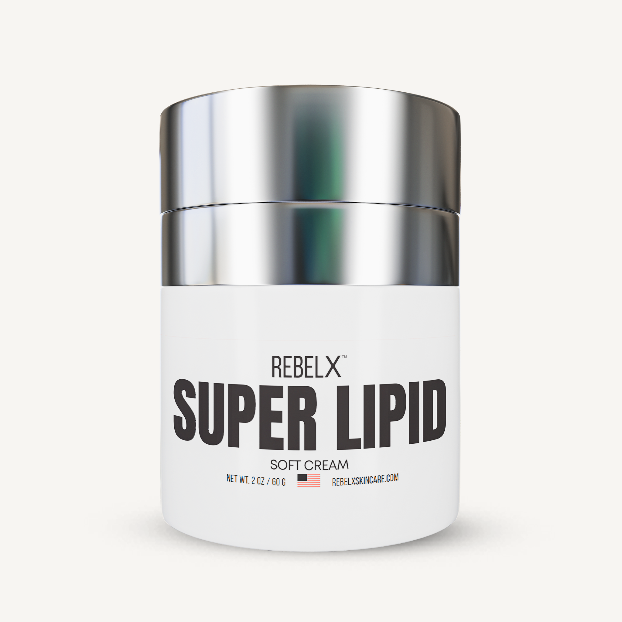 REBELX Super Lipid Soft Cream moisturizer jar with silver lid, 2 oz size