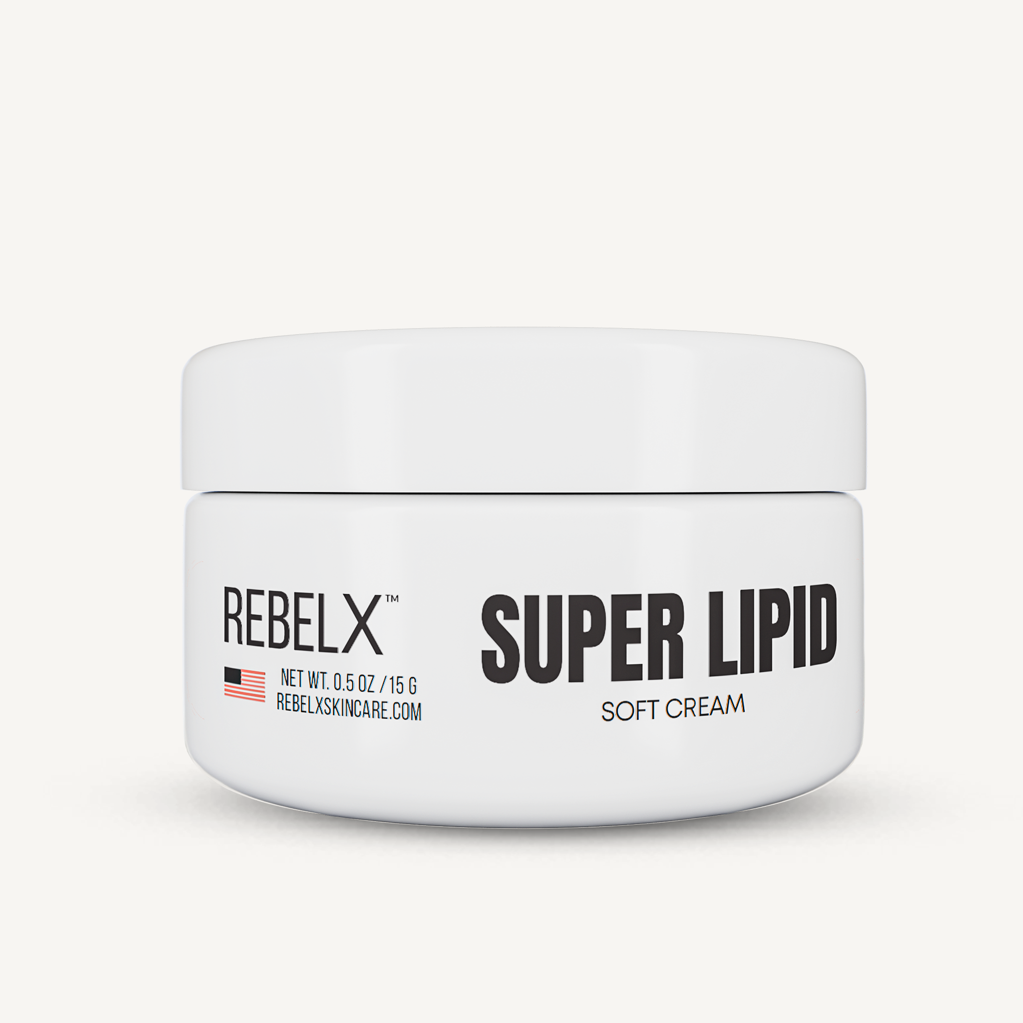 REBELX Super Lipid Soft Cream moisturizer jar with white lid, 0.5 oz size