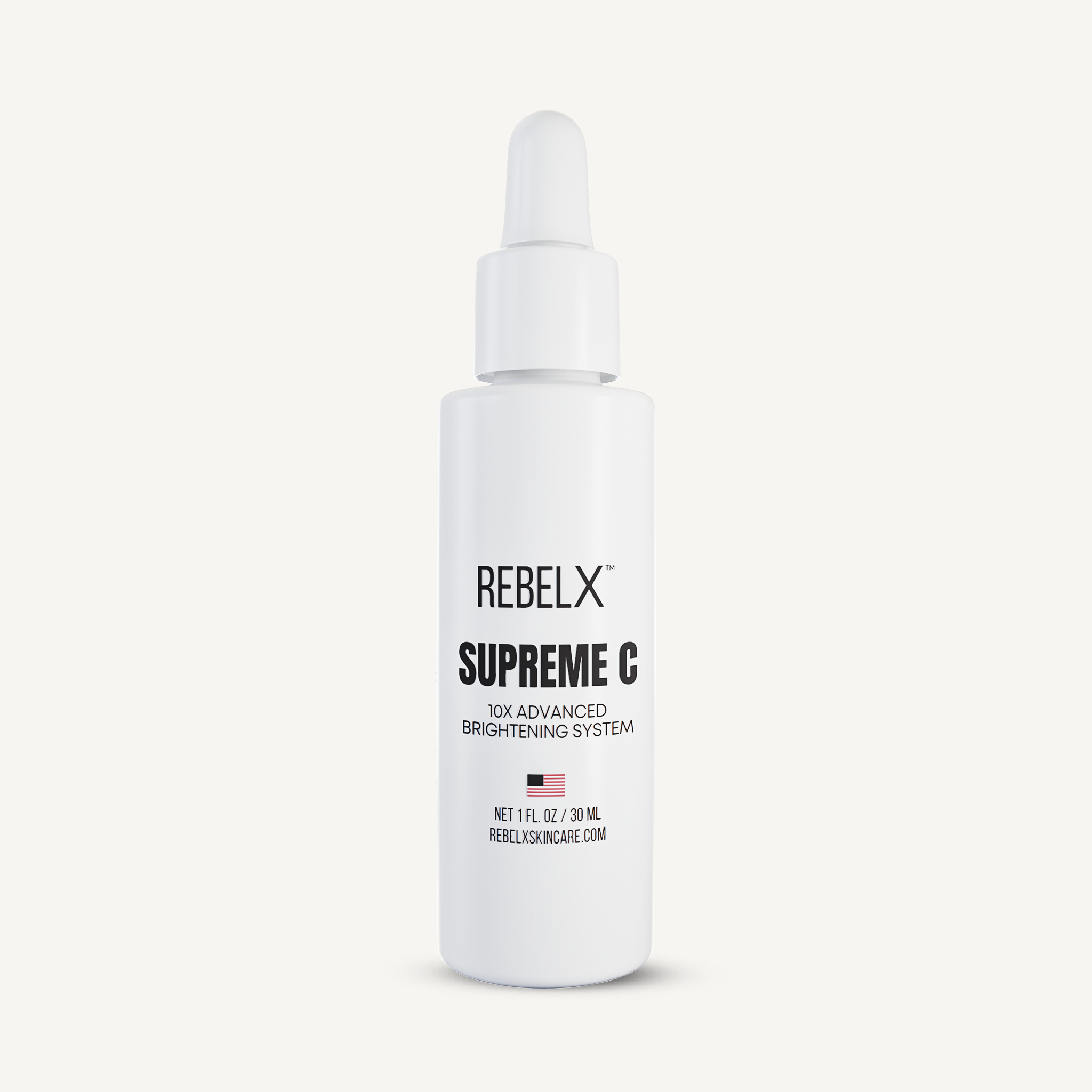 REBELX Supreme C vitamin C serum in white pump bottle - 10X Advanced Brightening System, 1 fl oz size