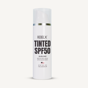 REBELX Tinted SPF50 sunscreen tube with pump dispenser - 20.5% zinc broad spectrum formula, 1.9 oz white packaging