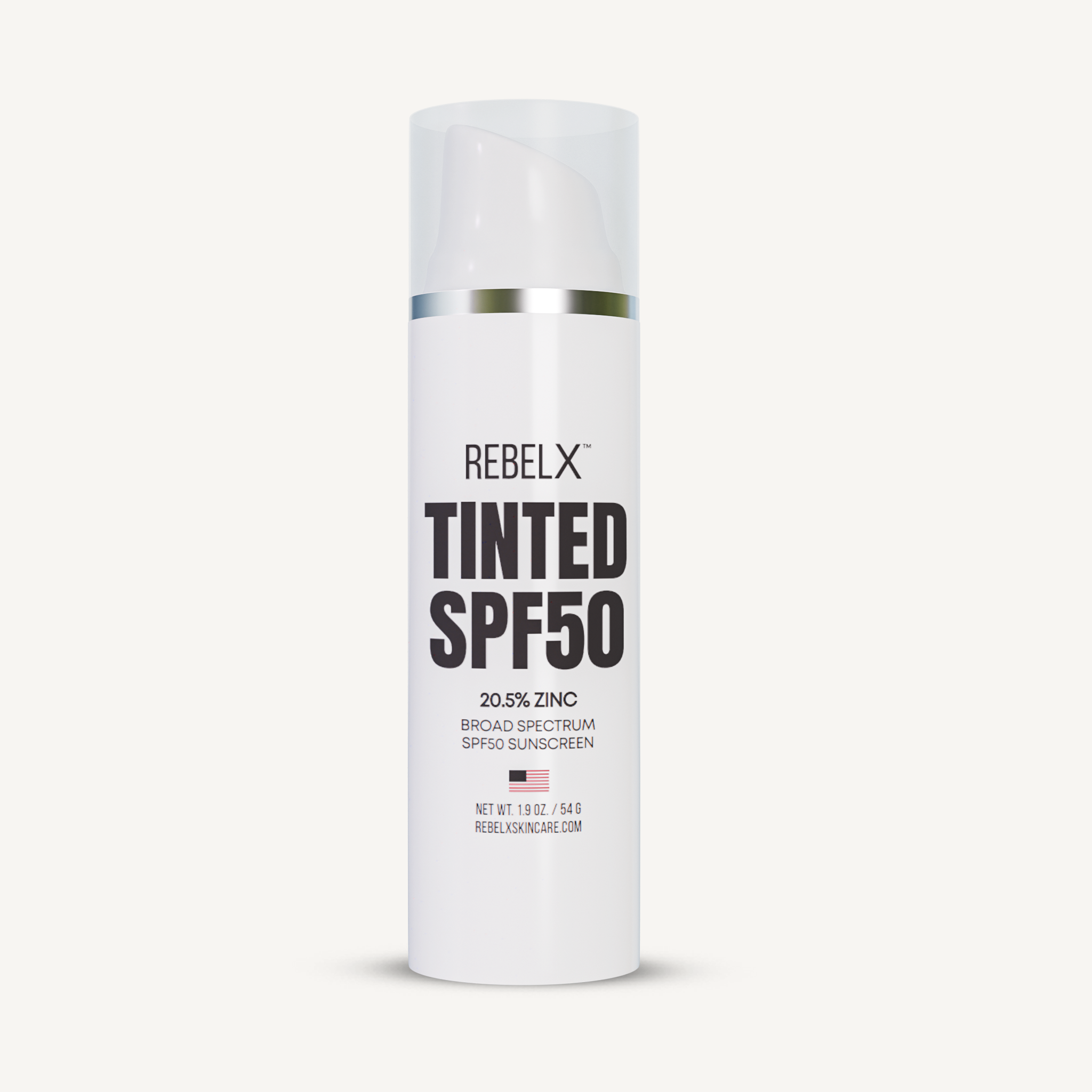 REBELX Tinted SPF50 sunscreen tube with pump dispenser - 20.5% zinc broad spectrum formula, 1.9 oz white packaging