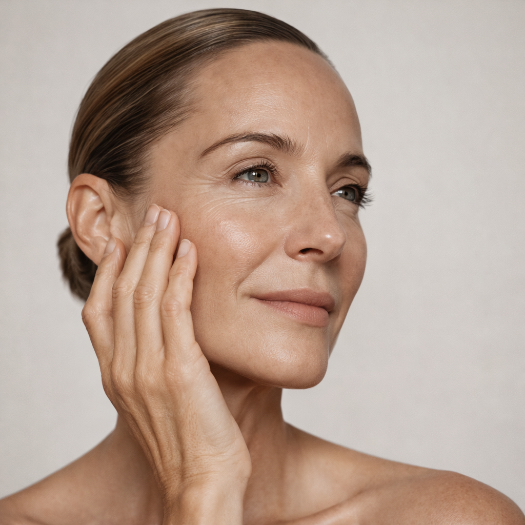 Mature woman gently touching her face in soft neutral light representing post-procedure skin care