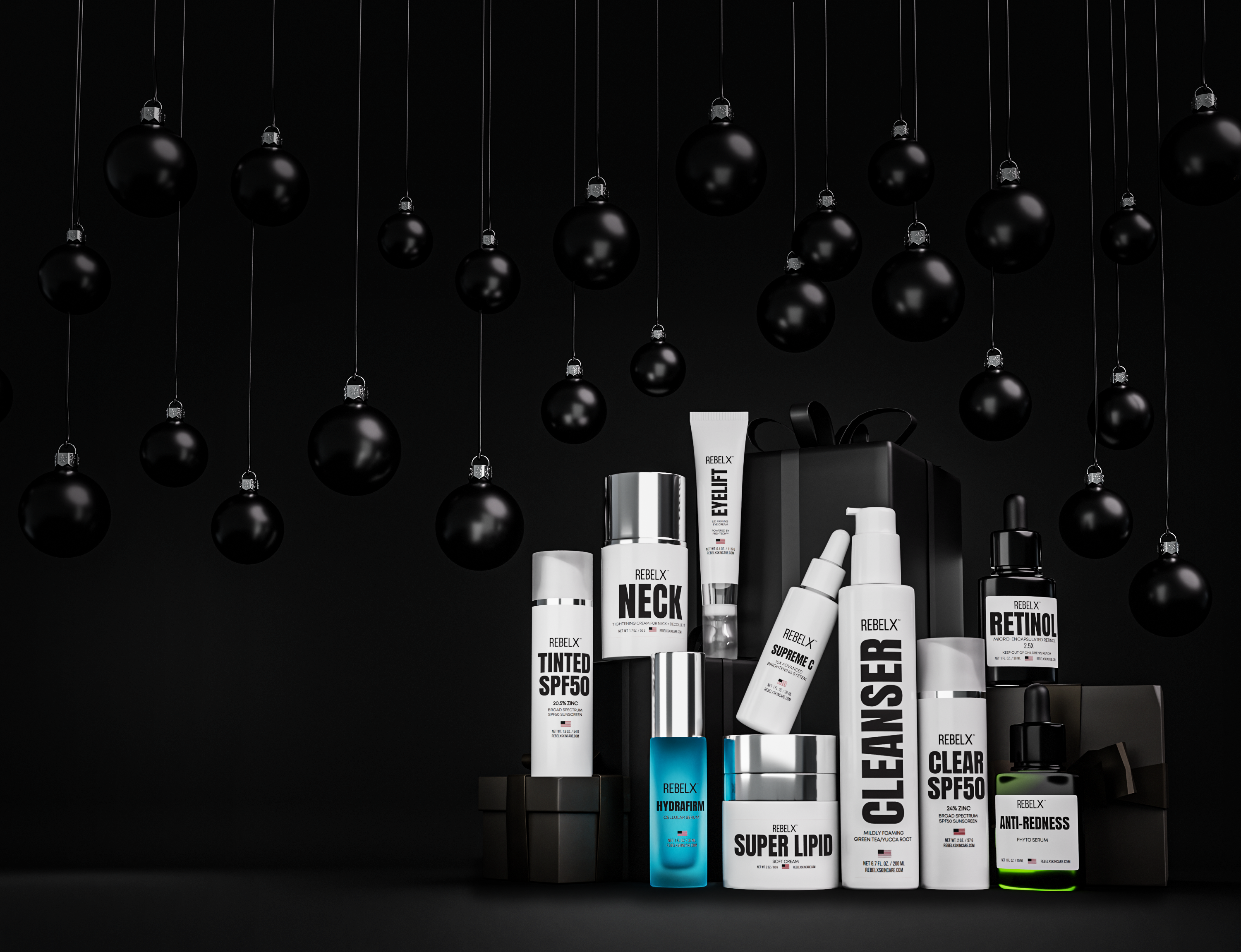 Collection of skincare products with black Christmas ornaments on a dark background