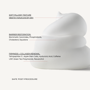 REBEL X Super Lipid cream infographic showing soft pillowy texture with biomimetic ceramides, tetrapeptide-21, apple stem cells, hyaluronic acid, and caffeine for barrier restoration and collagen renewal in mature dry skin